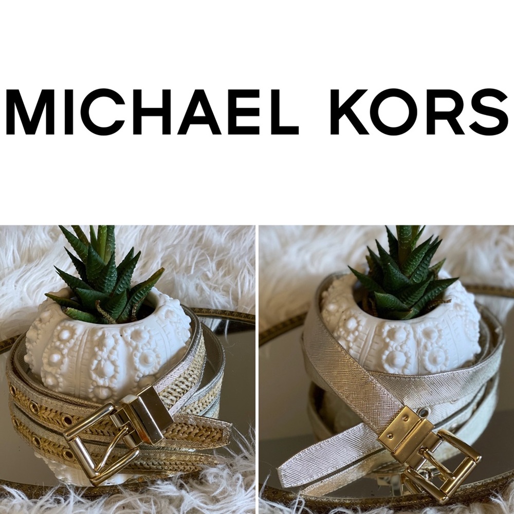MICHAEL KORS reversible gold & woven rattan belt with gold hardware W29.5-33.5”